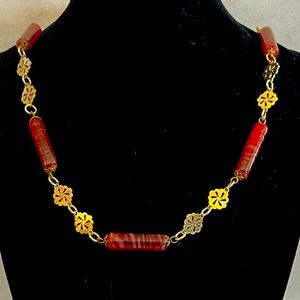 Long Vintage Red Stone and Gold Chain Necklace